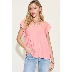 Basic Bae Blush Pink Bamboo Ruffle Notched V-Neck Short Sleeve Top Misses Size